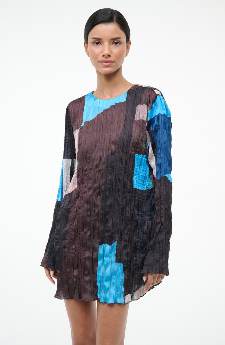 STAUD Kona Colorblock Long Sleeve Crinkle Satin Minidress, Alternate, color, Blue Prism