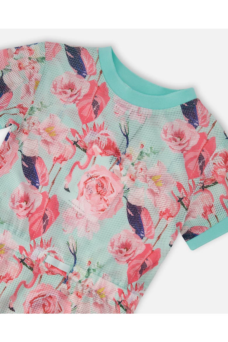 Mesh Short Sleeves Elastic Waist Flamingo Beach Dress, Alternate, color, Blue Flamingo Print