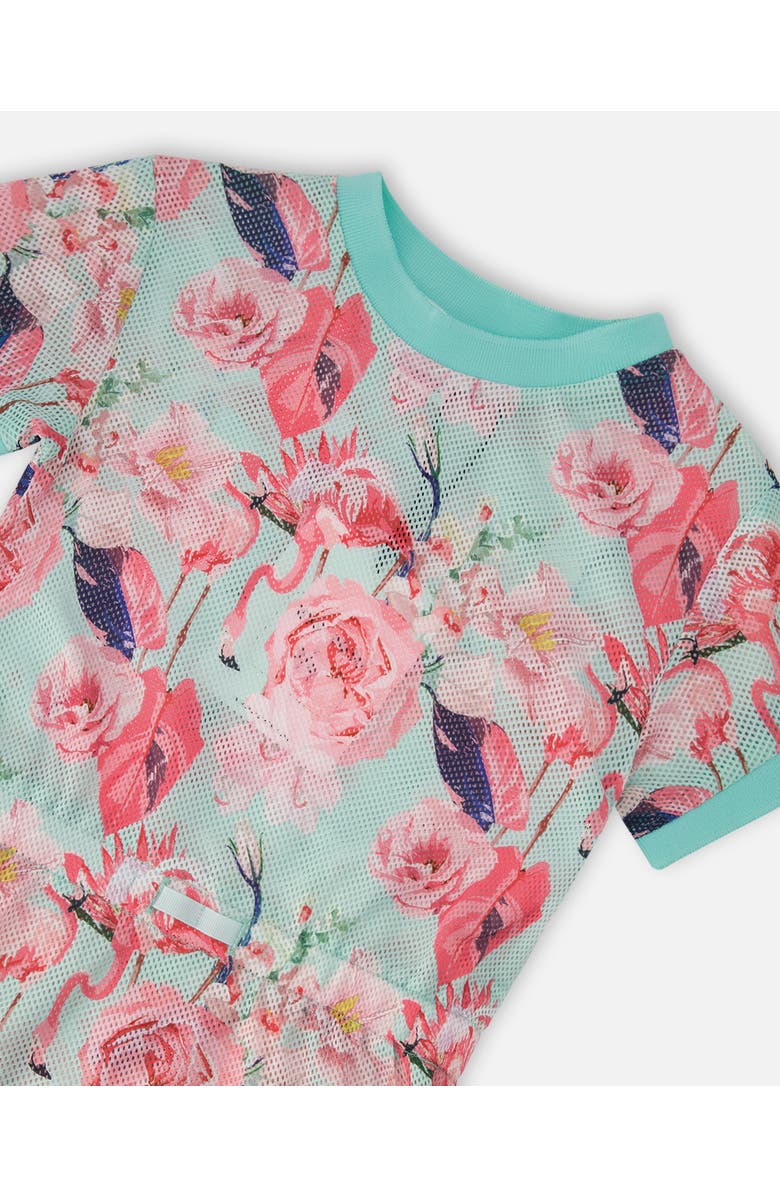 Deux par Deux Mesh Short Sleeves Elastic Waist Flamingo Beach Dress, Alternate, color, Blue Flamingo Print