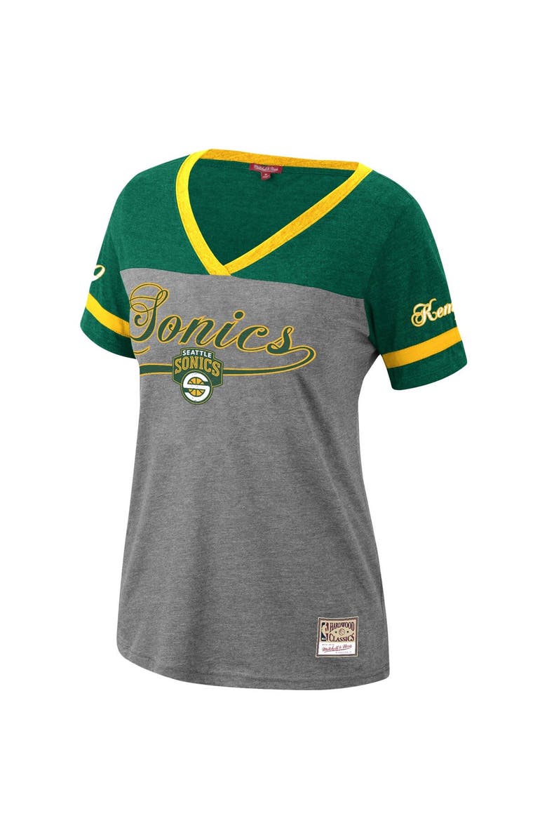 Mitchell & Ness Women's Mitchell & Ness Shawn Kemp Heathered Charcoal Seattle SuperSonics Team Captain V-Neck T-Shirt, Alternate, color,