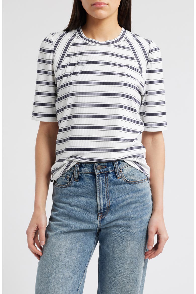 Puff Sleeve Stripe Rib Top, Main, color, OFF WHITE/ NAVY