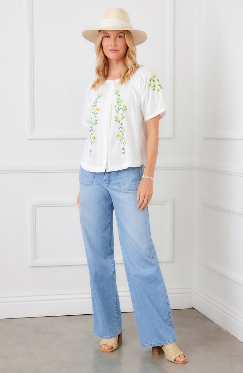 Karen Kane Floral Embroidered Cotton Peasant Top, Alternate, color, White