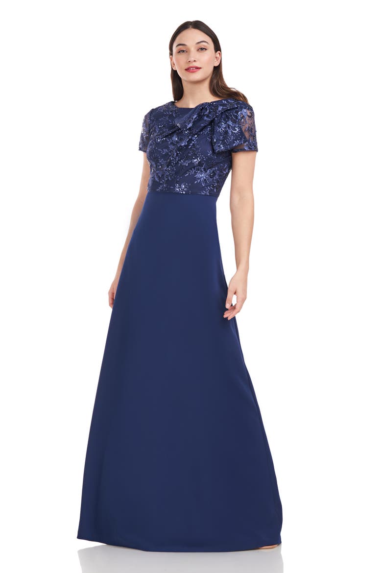 Rae Floral Embroidered Bow Detail A-Line Gown, Alternate, color, NAVY