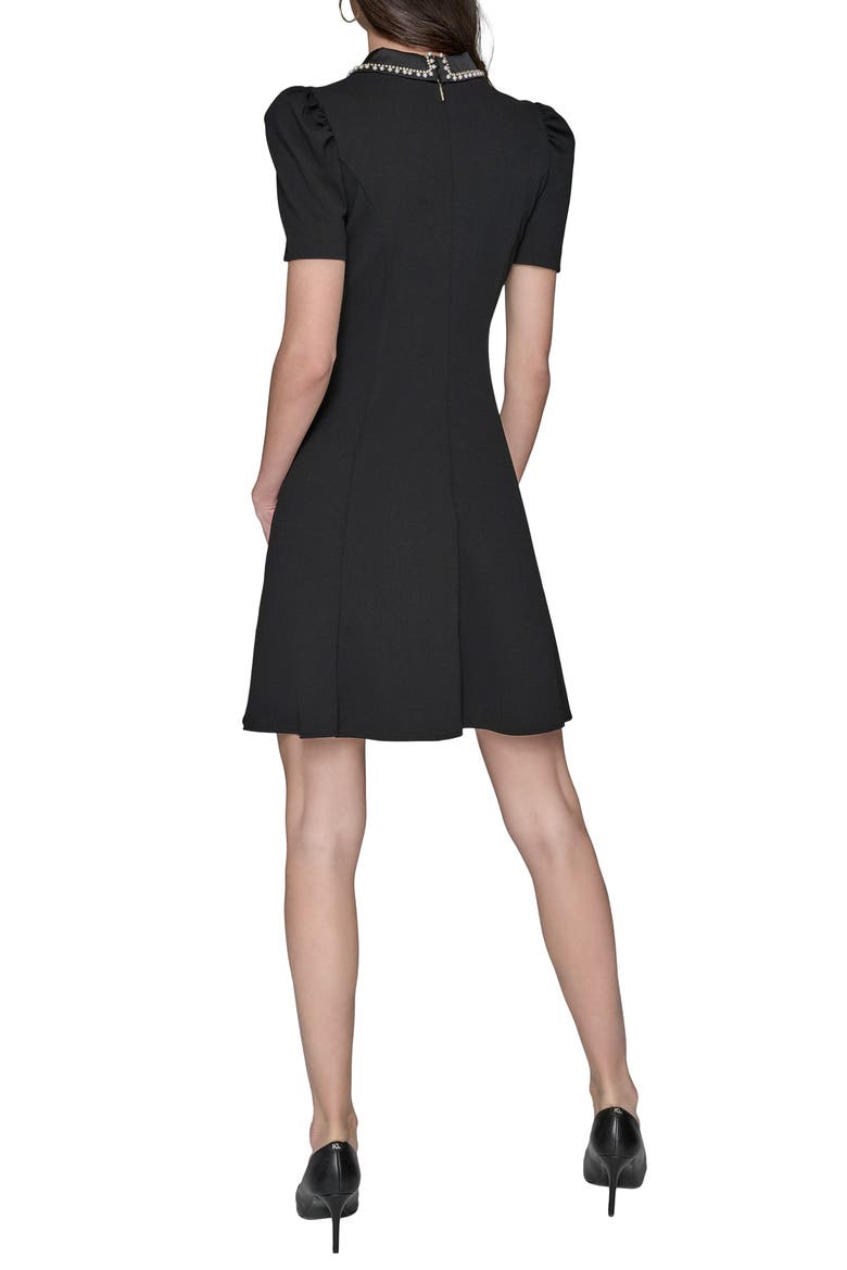 Faux Pearl Detail Crepe Fit & Flare Minidress, Alternate, color, BLACK