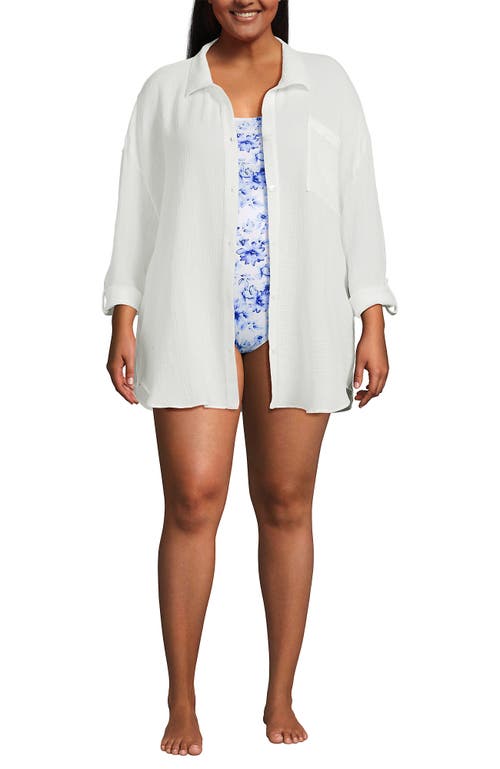 Lands' End Oversized Gauze Button Front Cover-up Shirt In White