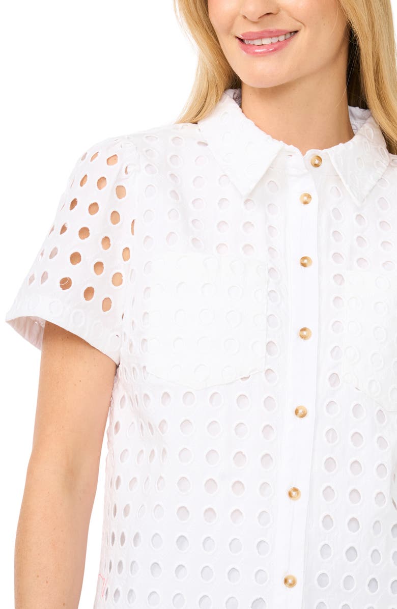 CeCe Cotton Eyelet Button-Up Shirt, Alternate, color, Ultra White