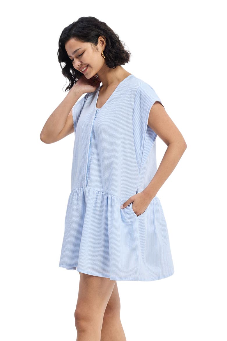 Oversized V neck Short Dress with Frayed Sleeves, Alternate, color, Blue