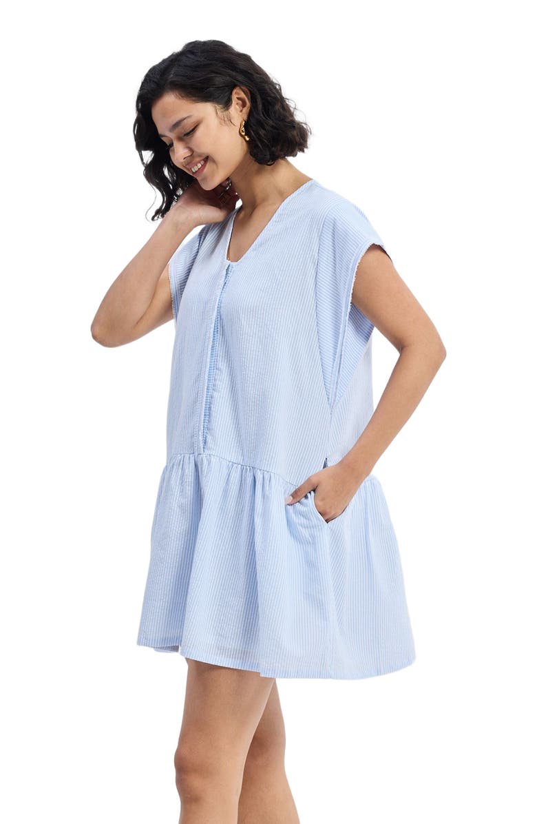 Reistor Oversized V neck Short Dress with Frayed Sleeves, Alternate, color, Blue