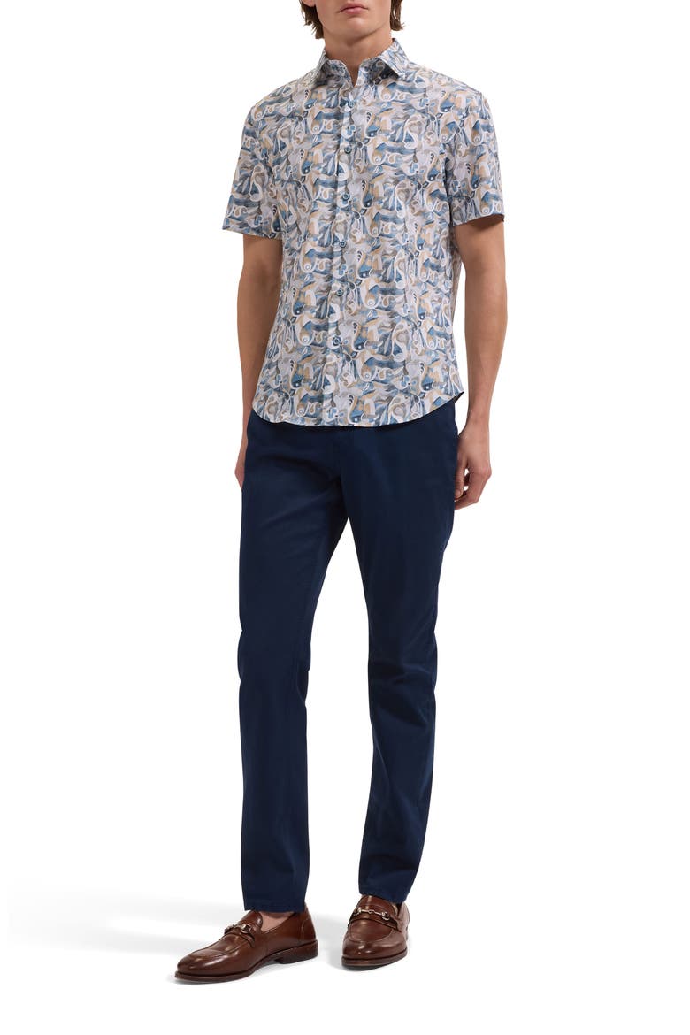 Orson Shaped Fit Abstract Paisley Short Sleeve Stretch Cotton Button-Up Shirt, Alternate, color, COBALT