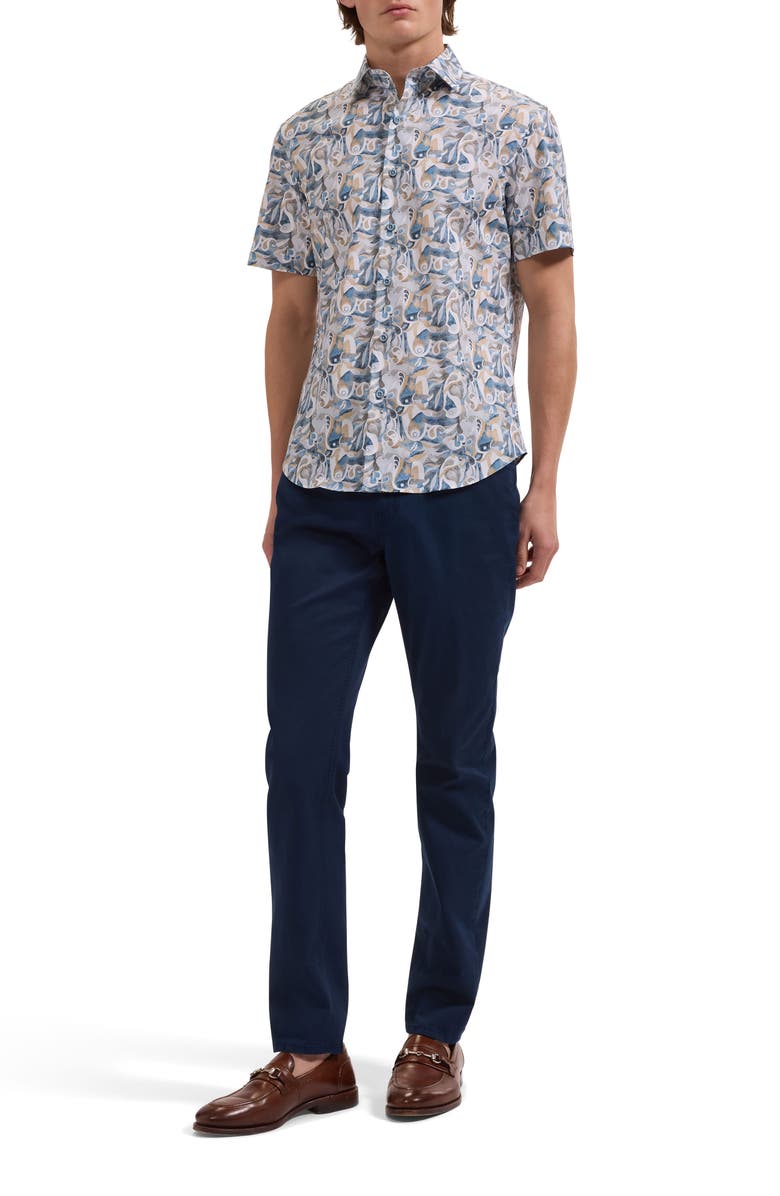 Bugatchi Orson Shaped Fit Abstract Paisley Short Sleeve Stretch Cotton Button-Up Shirt, Alternate, color, Cobalt