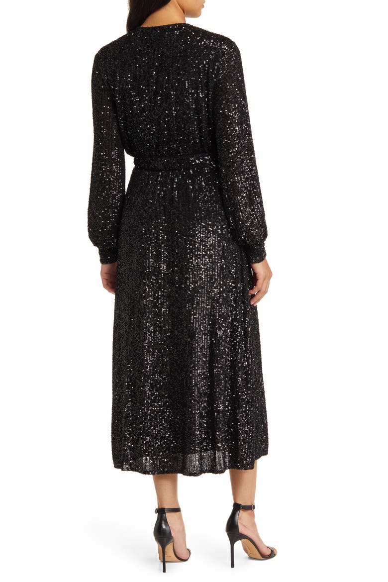 Sequin Long Sleeve Midi Dress, Alternate, color, ANNE BLACK