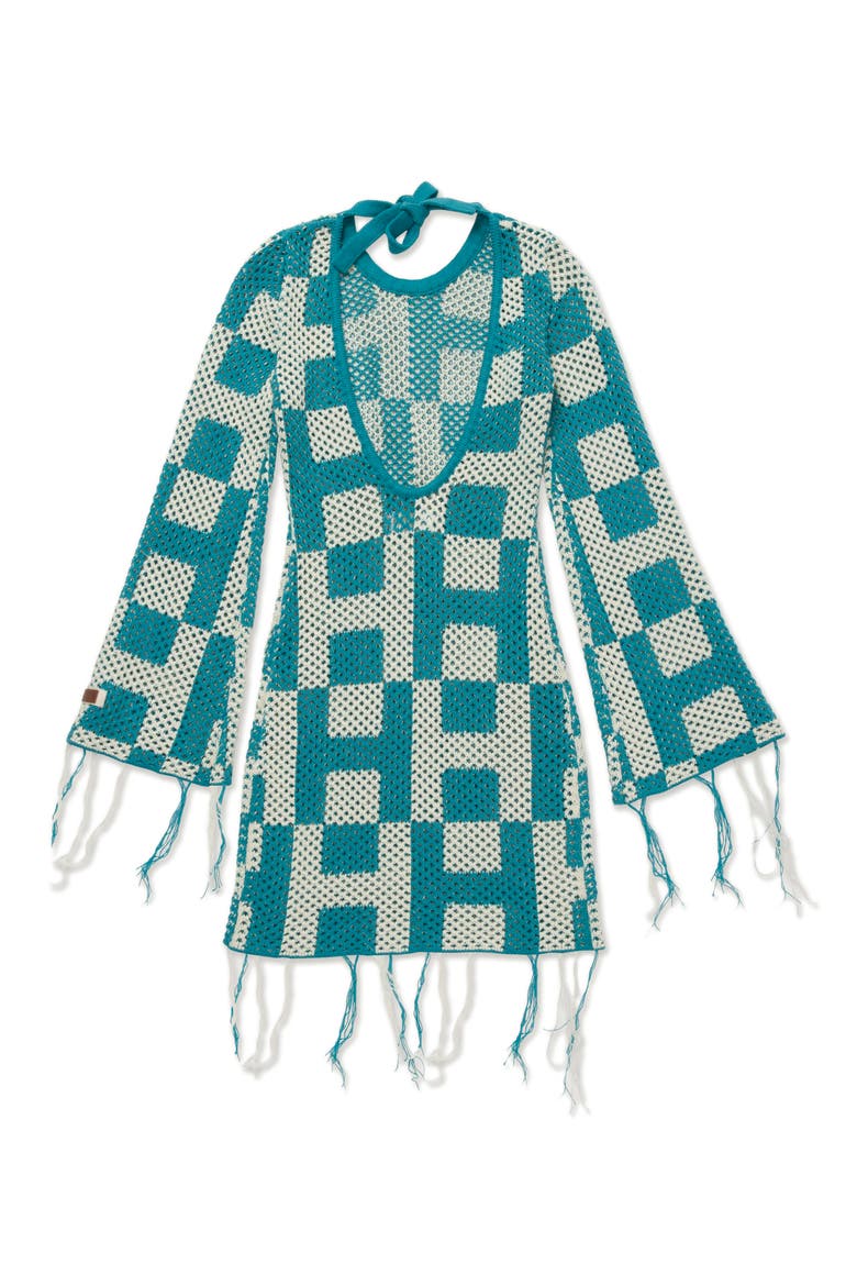 Long Sleeve Openwork Mini Sweater Dress, Alternate, color, TEAL