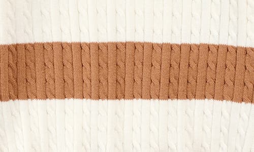 Shop Miles The Label Kids' Stripe Cable Organic Cotton Crewneck Sweater In Camel