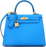 Pre-Owned Hermes Kelly Handbag Blue Epsom with Gold Hardware 25