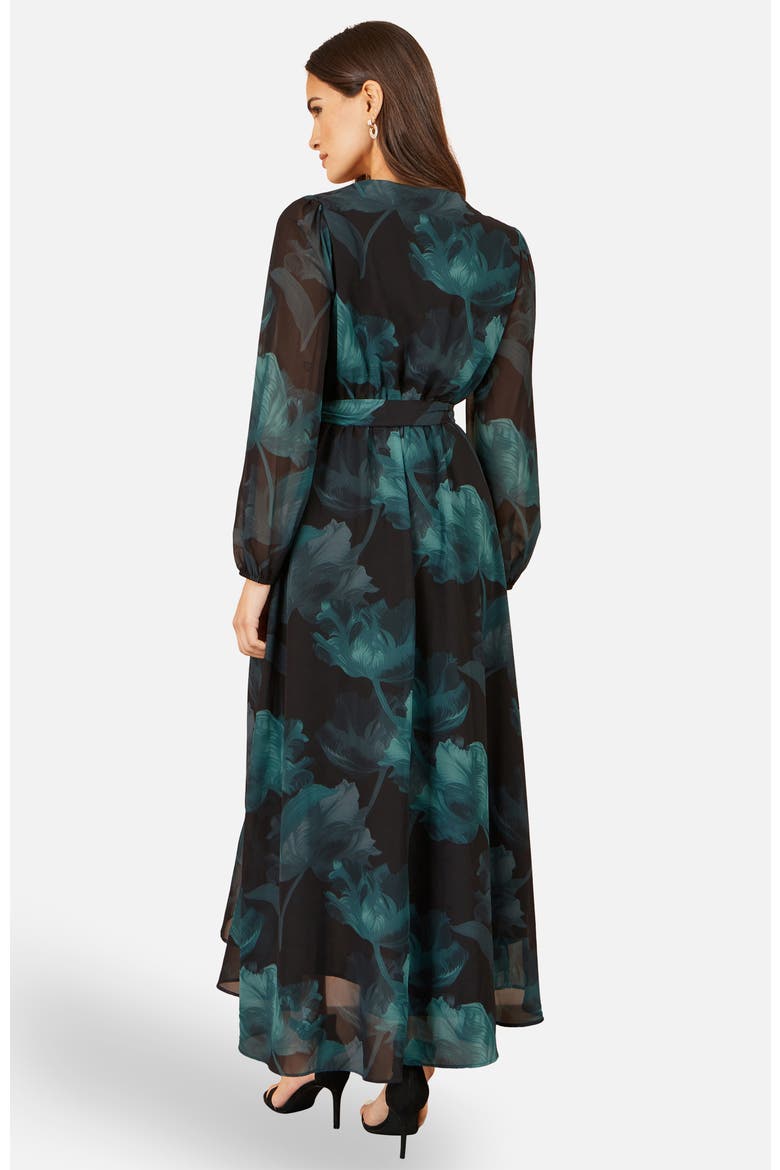 Floral Dipped Hem Wrap Midi Dress, Alternate, color, Black