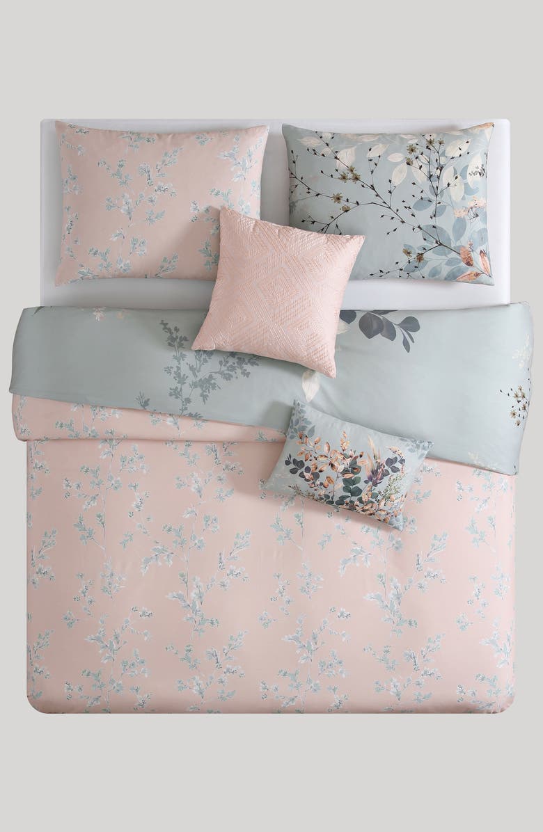 Bebejan Peach Leaves Cotton Reversible 5-Piece Comforter Set, Alternate, color, Blue/ Pink