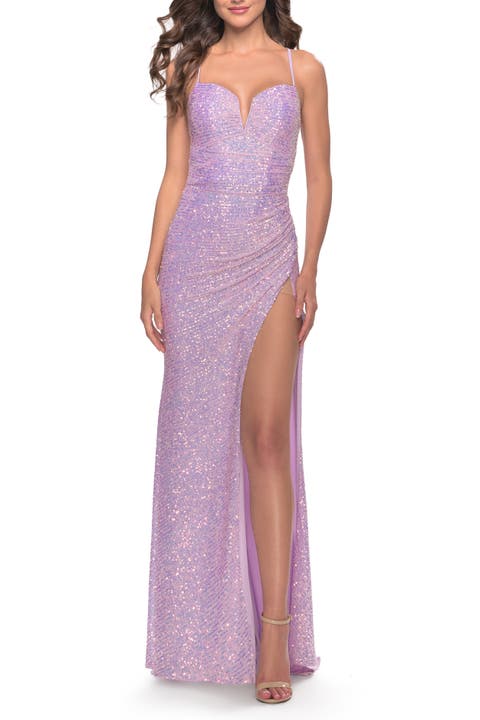 Sequin Prom Dress with Ruching and Open Tie Back