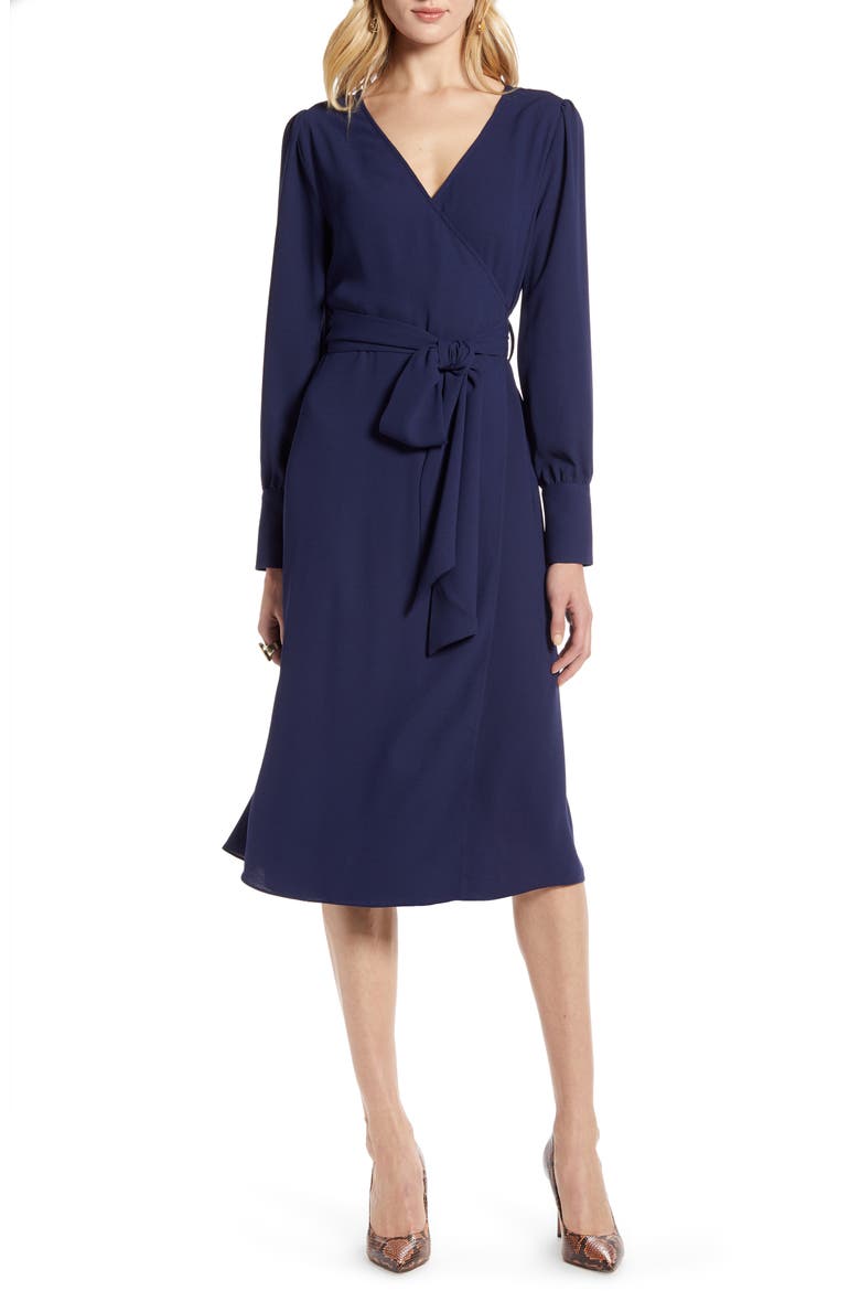 Long Sleeve Wrap Midi Dress, Main, color, NAVY PEACOAT