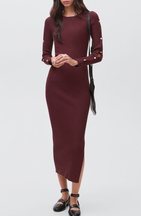 Button Trim Long Sleeve Sweater Dress