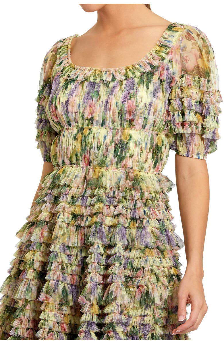 Mac Duggal Women's Floral Mesh Puff Sleeve Ruffle Mini Dress, Alternate, color, Yellow Multi