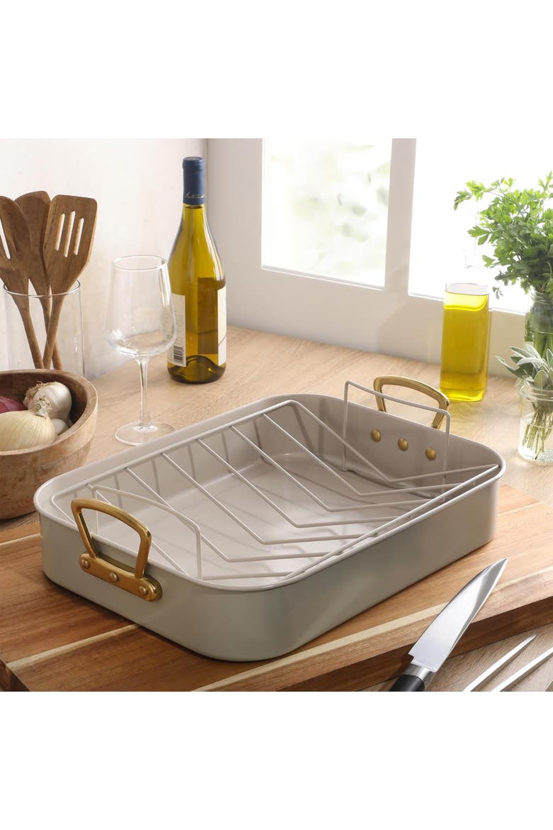2 Piece Nonstick Steel Roaster Pan in Green with Rack, Alternate, color, Green