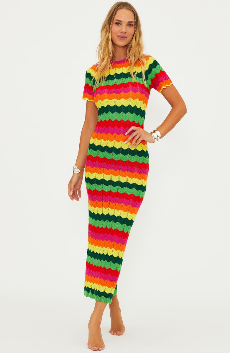 Beach Riot Emory Wave Stripe Pointelle Knit Cover-Up Maxi Dress, Alternate, color, Mango Tango