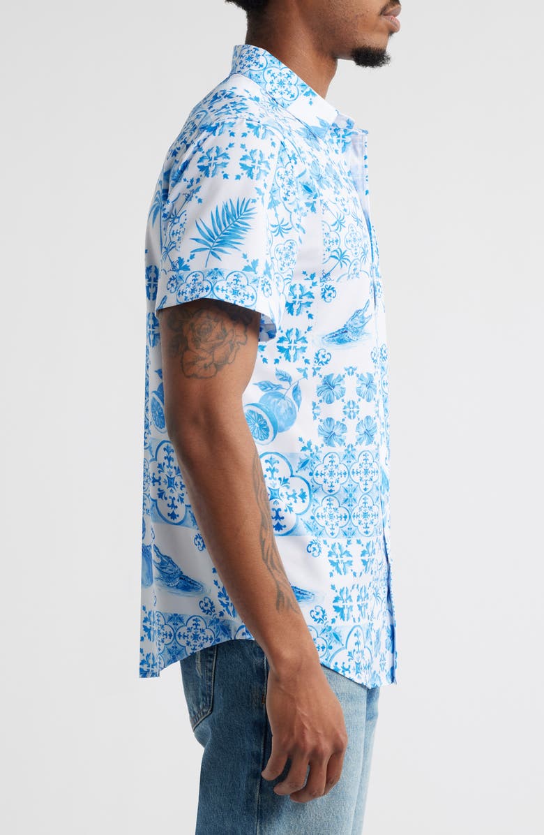 MAVRANS Tropical Print Short Sleeve Performance Button-Up Shirt, Alternate, color, Blue Multi