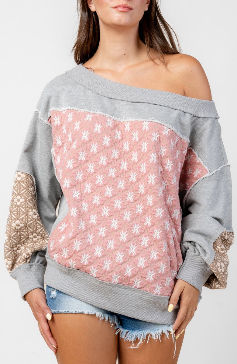Beivy One-Shoulder Mixed Media Sweatshirt, Main, color, Blush Multi