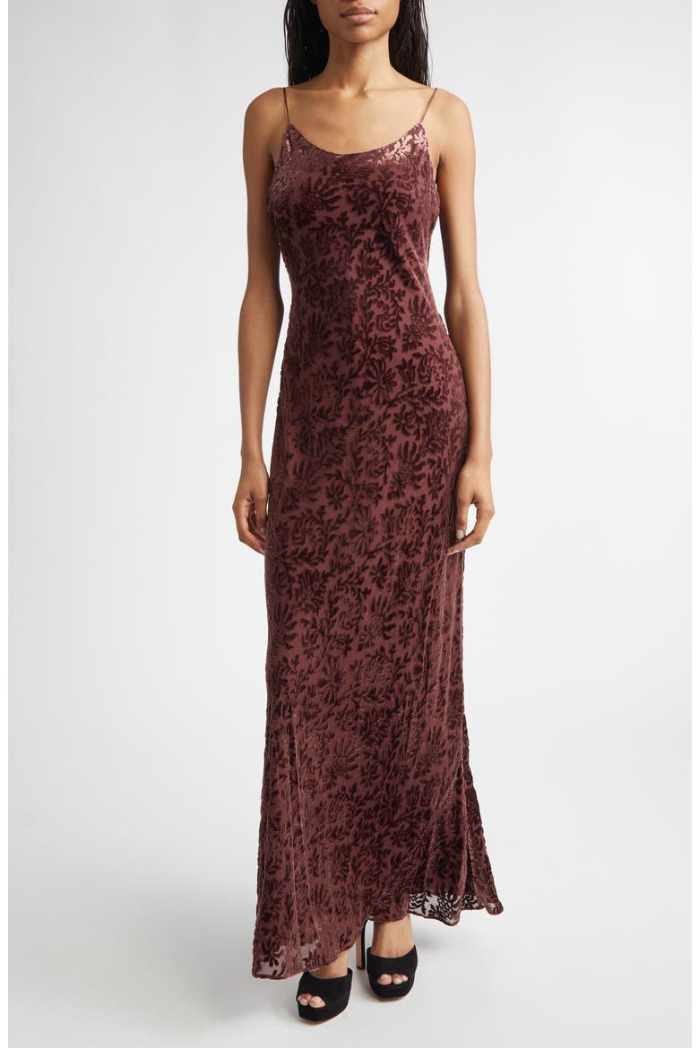 Jolynn Velvet Floral Gown, Main, color, RAISIN