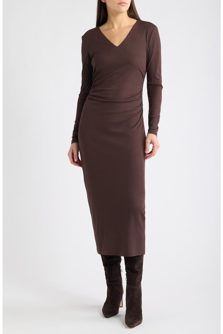 Side Ruched Long Sleeve Maxi Dress, Main, color, ESPRESSO