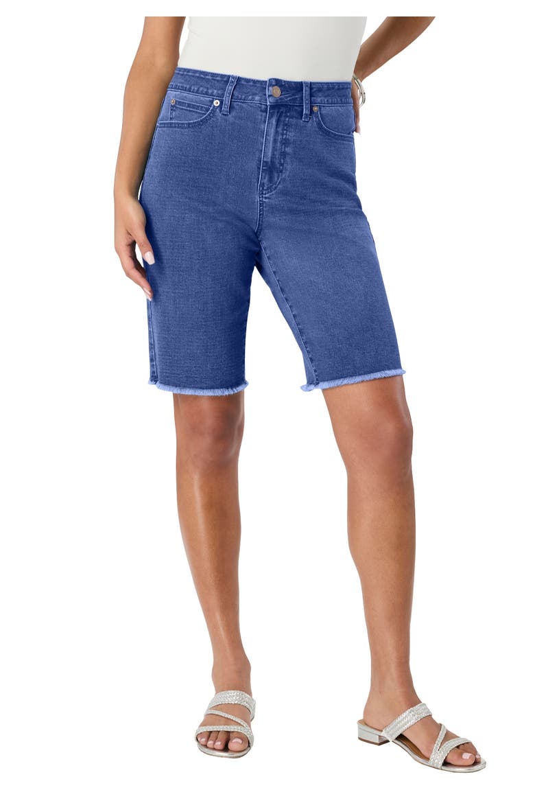 Plus Size Frayed Hem Bermuda Jean Shorts, Main, color, MEDIUM WASH