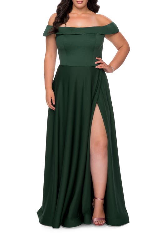 La Femme Off The Shoulder Plus Size Dress With Leg Slit In Emerald