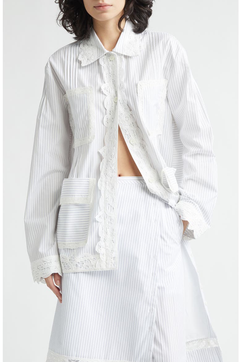 Stripe Lace Trim Cotton Button-Up Shirt, Main, color, IVORY/ BLACK