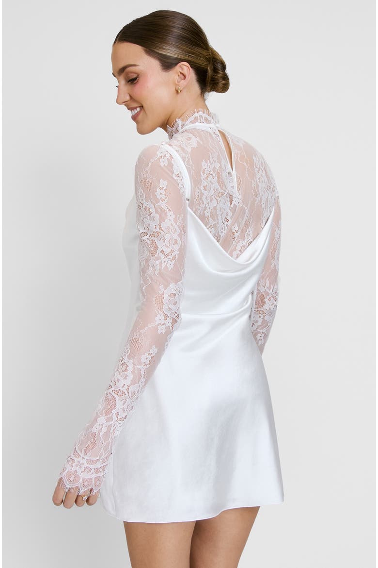 Lace Sleeve Cowl Satin Mini Dress, Alternate, color, White