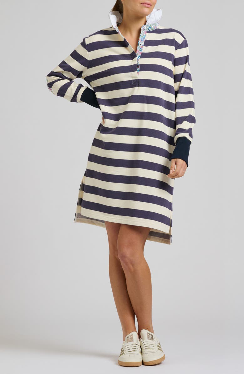 SHIRTY Ruffle Collar Long Sleeve Rugby Dress, Main, color, Navy White Stripe