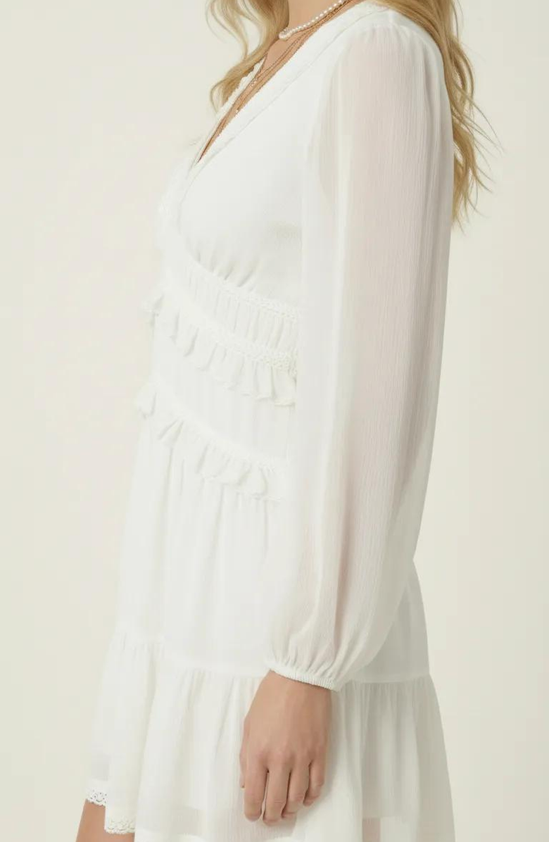 Modenaire Long Sleeve V-Neck Ruffle Tiered Mini Dress with Sheer Chiffon Overlay, Alternate, color, 