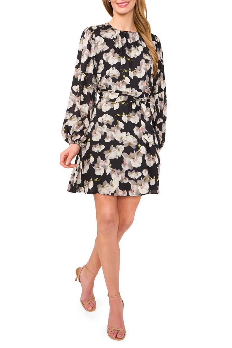 Floral Long Sleeve Dress, Main, color, RICH BLACK