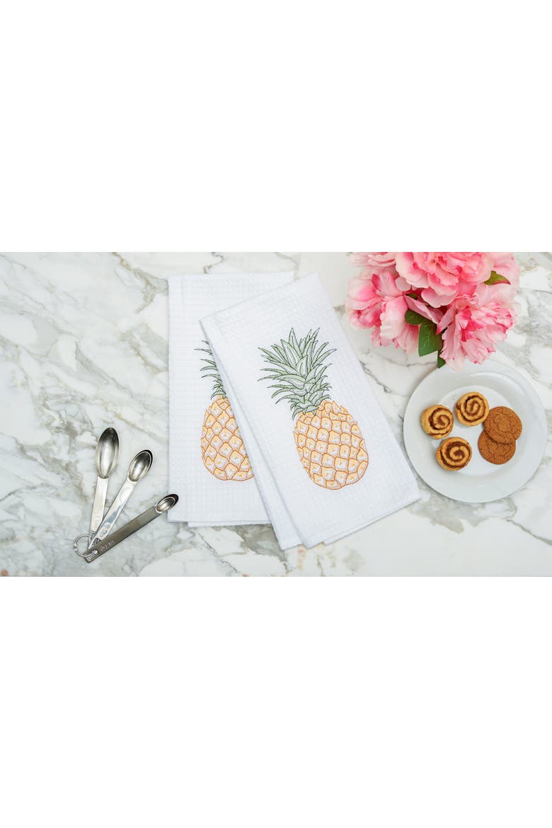 Tropical Pineapple Embroidered Waffle Weave Kitchen Dishtowel, Alternate, color, White