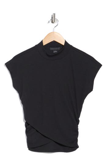 Sanctuary Cap Sleeve Ribbed Crossover T-shirt In Black