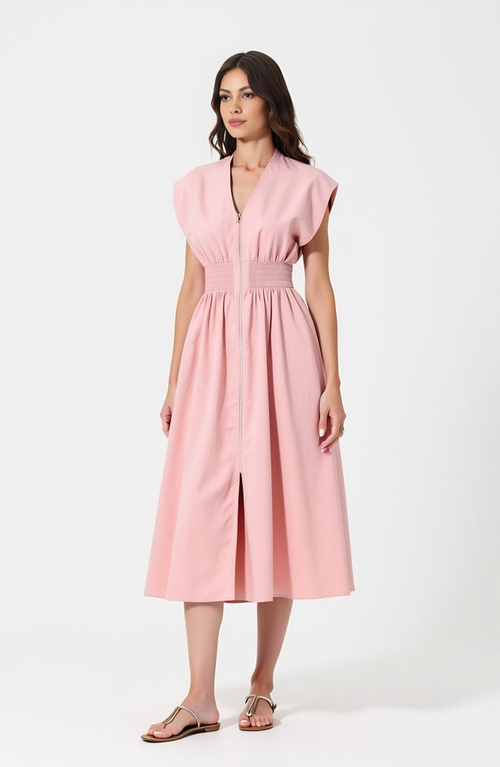 Modenaire Cap Sleeve Midi Dress With Smocked Waist And Side Pockets In Pink