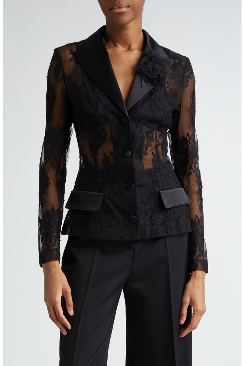 Sheer Floral Lace & Satin Jacket, Main, color, N0000 NERO