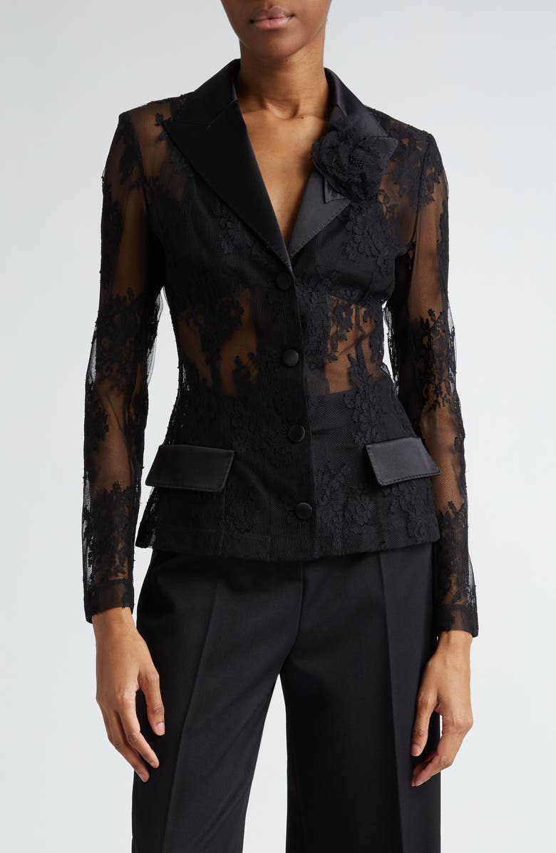 Dolce&Gabbana Sheer Floral Lace & Satin Jacket, Main, color, N0000 Nero
