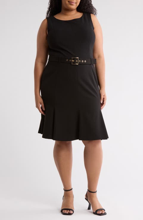 Sleeveless Belted Scuba Crepe Dress (Plus)
