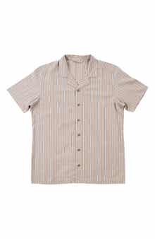 BURNSIDE Stripe Linen & Cotton Blend Camp Shirt