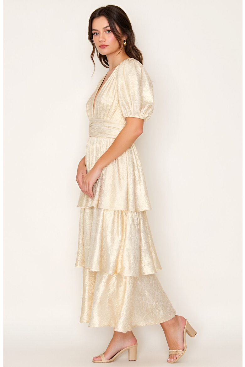 Tiered Metallic Puff Sleeve Pleated Waist Maxi Dress, Alternate, color, Metallic Gold