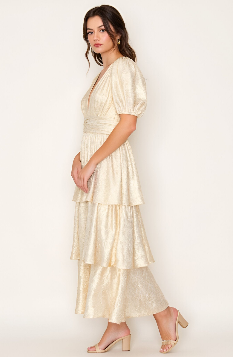 Modenaire Tiered Metallic Puff Sleeve Pleated Waist Maxi Dress, Alternate, color, Metallic Gold