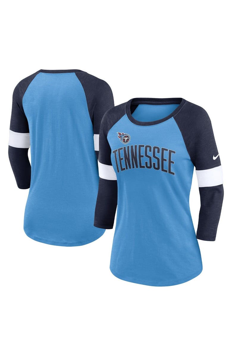 Nike Women's Nike Tennessee Titans Light Blue/Heather Navy Football Pride Raglan 3/4-Sleeve T-Shirt, Main, color, 