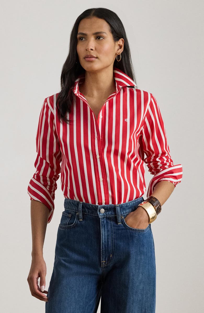 Lauren Ralph Lauren Vertical Stripe Broadcloth Button-Up Shirt, Alternate, color, Red/ White