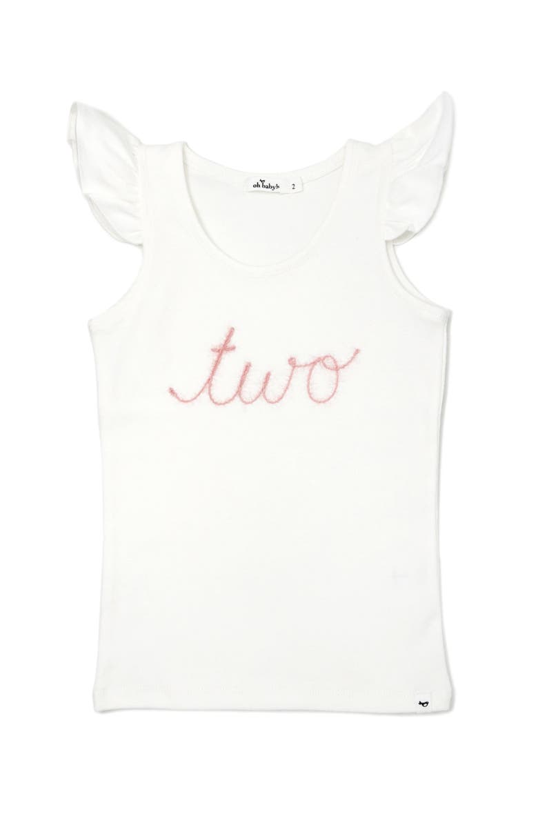 oh baby! "two" Pink Embroidered Cotton Baby Rib Flutter Sleeve Tank, Main, color, Cream