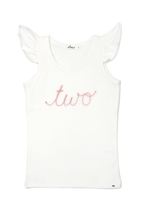 "two" Pink Embroidered Cotton Baby Rib Flutter Sleeve Tank